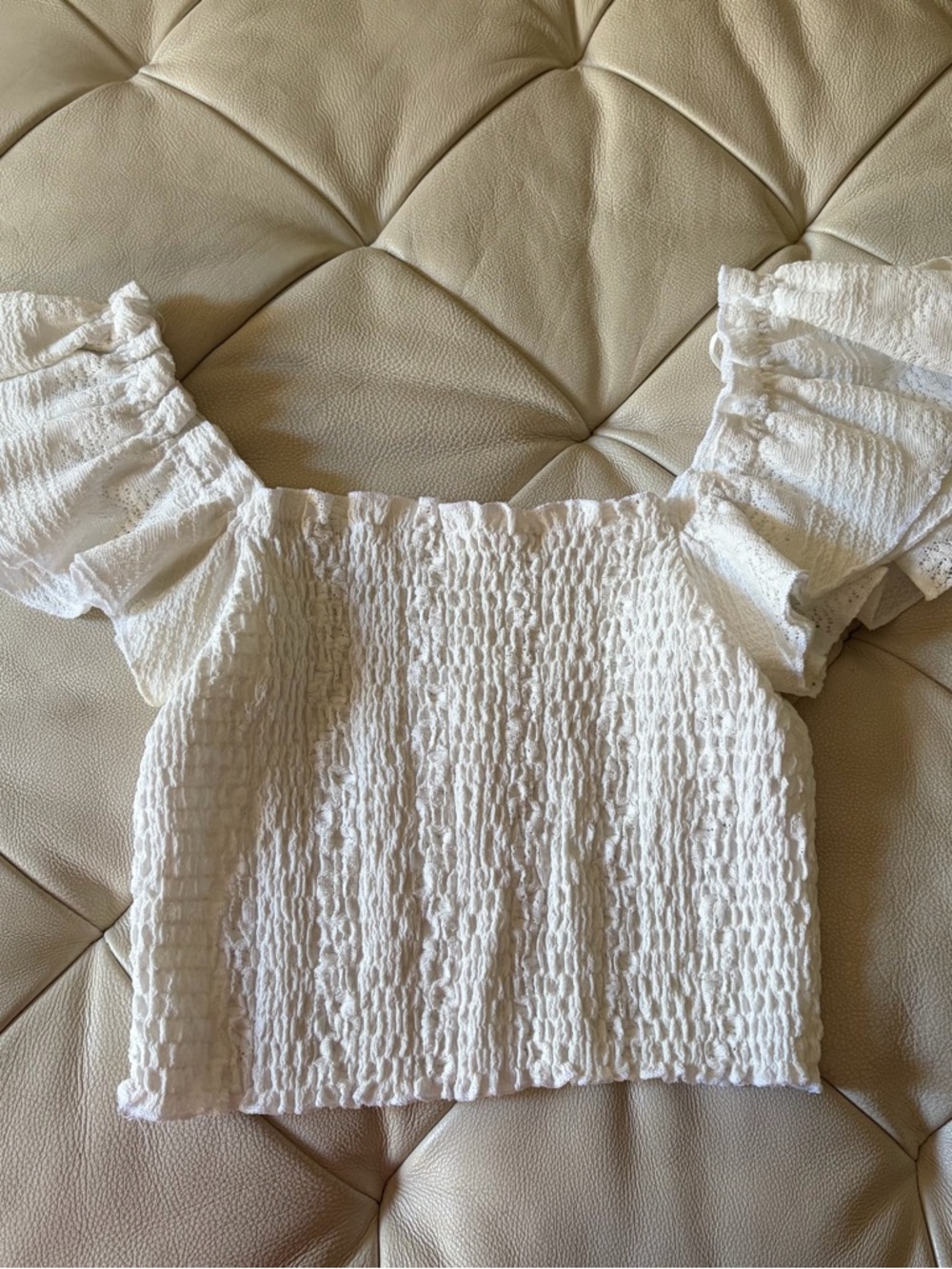 Astr Smocked White Ruffle Sleeve Crop Top